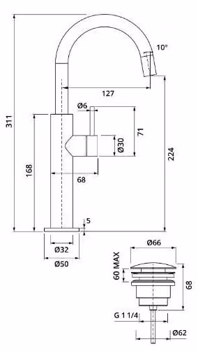 Herzbach DEEP iX Miscelatore monoforo per lavabo Slim L-Size con maniglia laterale e scarico PUSH in acciaio inossidabile