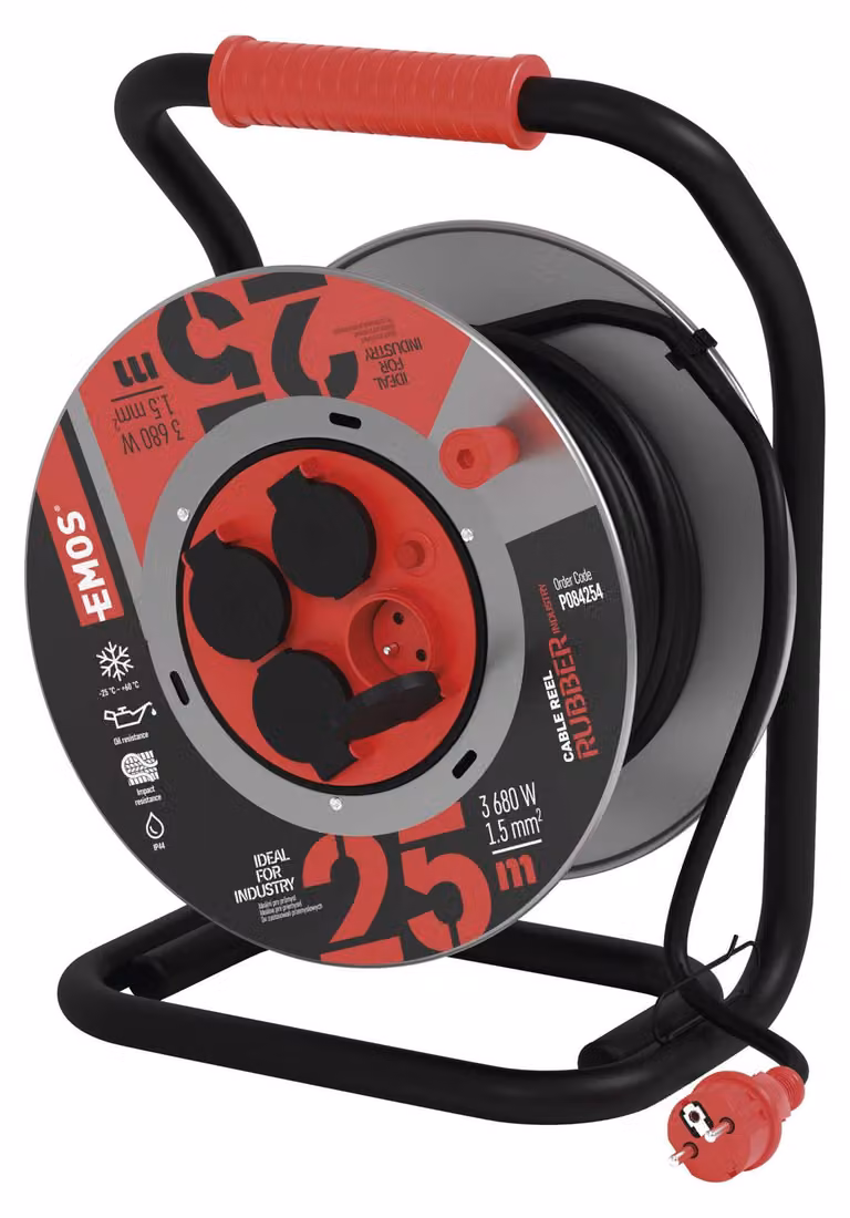 EMOS Cavo di prolunga per esterni in bobina 25 m / 4 pz. / nero / gomma-neoprene / 230V / 1,5 mm2, P084254