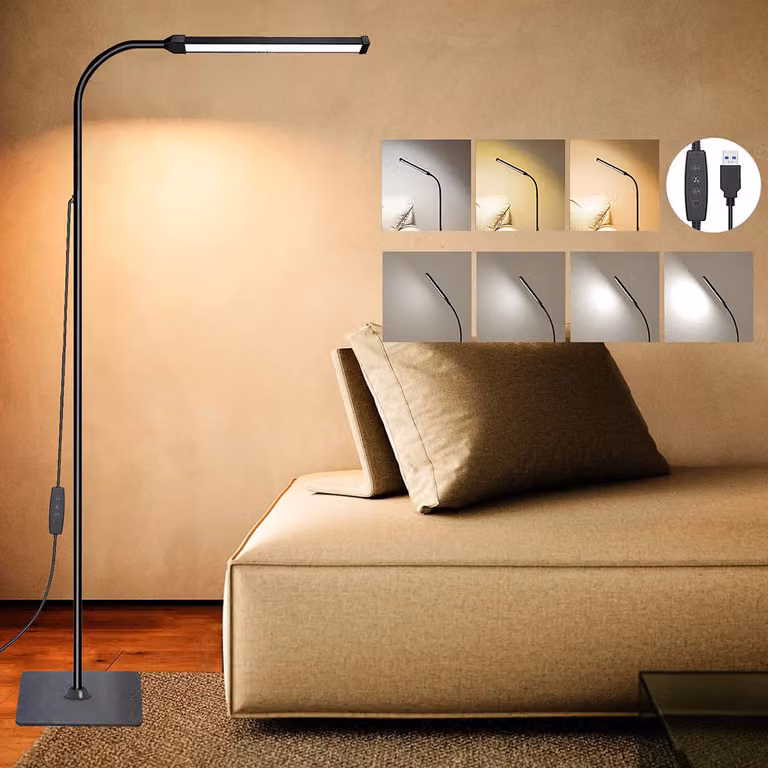 Lampada da terra a LED da 10 W con alimentazione USB, dimmerabile, altezza 140 cm, lampada da terra a LED, lampada da lettura, lampada da lettura a LED per soggiorno, camera da letto e ufficio, nera