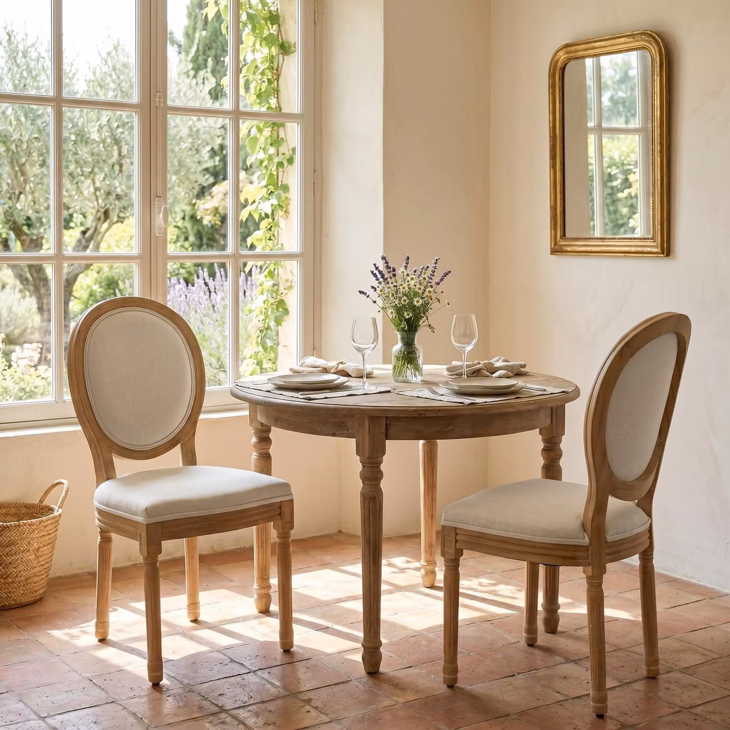 LVHOM Set da 2 sedie da pranzo, sedie imbottite con motivo a medaglione e rivestimento in lino, sedie da cucina vintage in legno di albero della gomma, stile rustico, beige