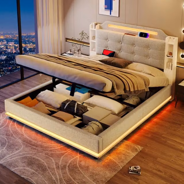 Letto contenitore matrimoniale OKWISH in lino beige con illuminazione LED, porte USB e Tipo C, vani laterali e base a sollevamento, L/P/H: 140 x 200 x 115 cm – 1