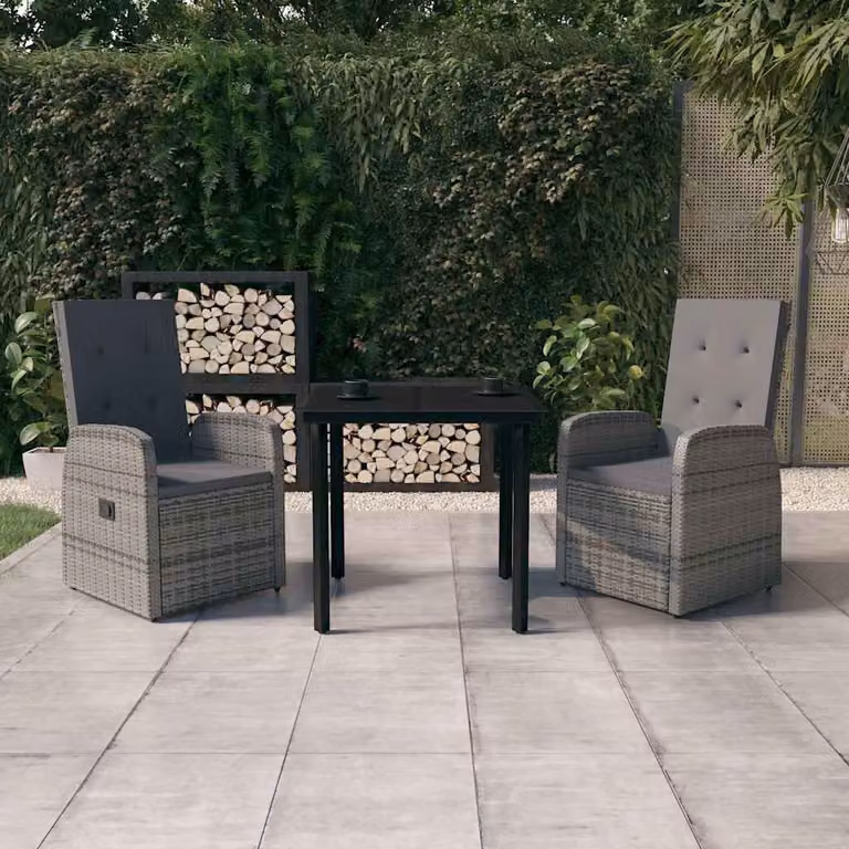 Set da pranzo da giardino vidaXL in polyrattan con tavolo in vetro e cuscini, colore grigio e nero