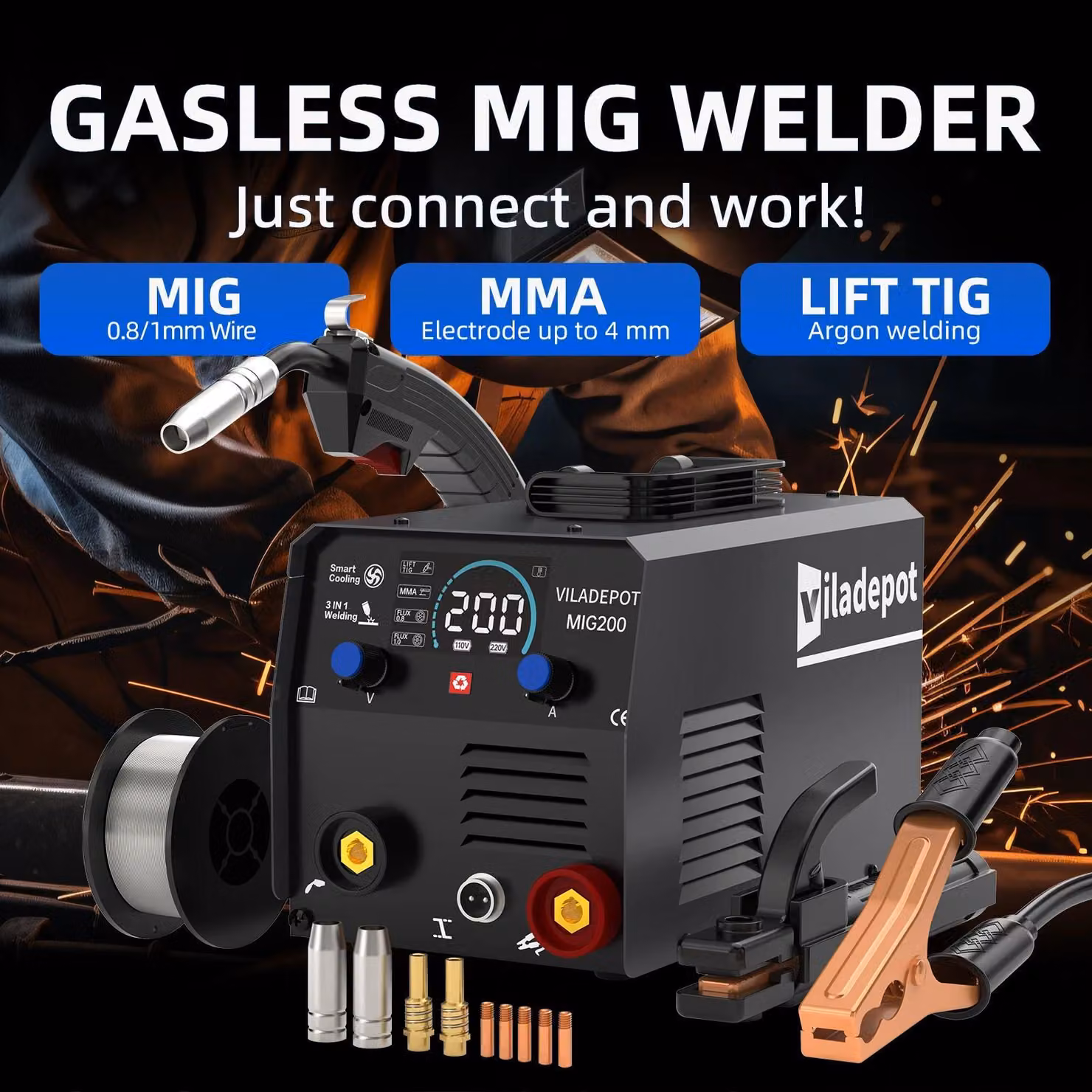 Saldatrice 3 in 1 MIG/MMA/Lift TIG - Saldatrice a inverter MIG200 - Senza gas con filo animato - 15–200 A - 220 V - Alimentazione automatica del filo - Spina UE