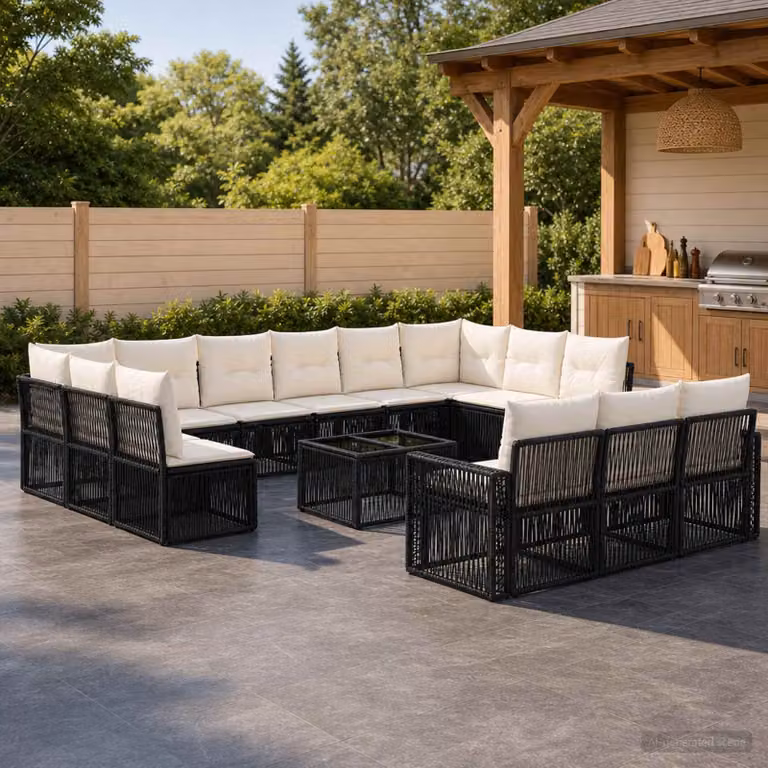 Set Divano da Giardino vidaXL 14 Pezzi a Forma di U con Tavolino da Caffè, Colore Nero e Bianco Crema, Struttura in Metallo e Polyrattan con Cuscini Inclusi