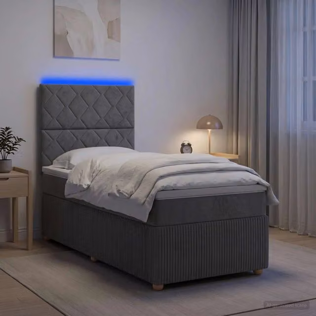 Letto Box Spring vidaXL con Materasso Ibrido e Illuminazione LED, Grigio e Bianco, L/P: 100 x 200 cm – 1