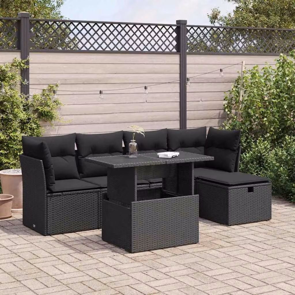 Set Divano da Giardino vidaXL 6 pz in Polyrattan Nero con Cuscini e Tavolino