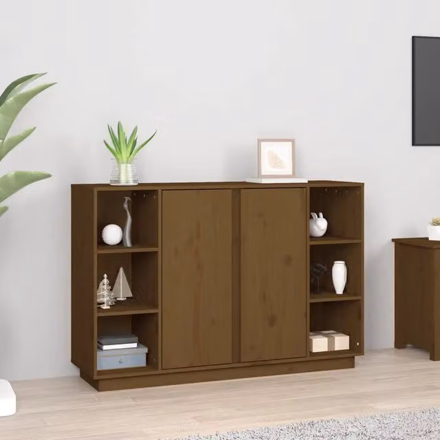 Credenza classica vidaXL in legno massello di pino color marrone L: 120 cm, P: 35 cm, H: 80 cm – 1
