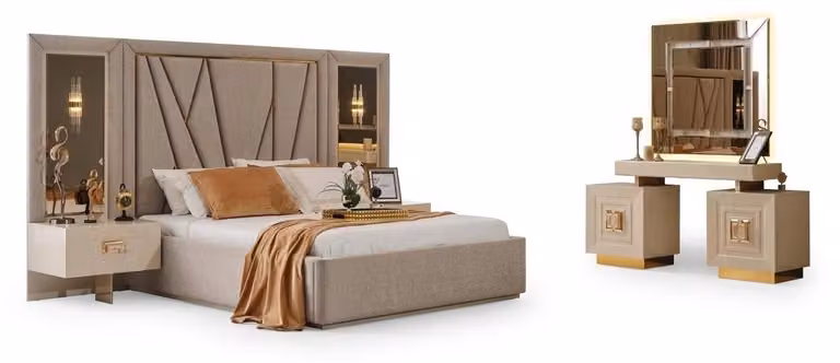 Set per camera da letto: comodini, letto, cassettiera, specchio, colore beige, stile moderno