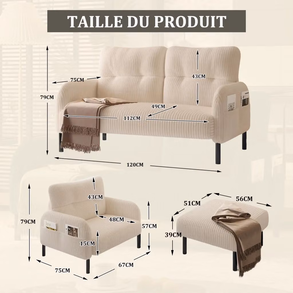 Set divano componibile MIVRAY in velluto a coste beige con divano a 2 posti, poltrona e pouf, struttura in metallo e legno – 2