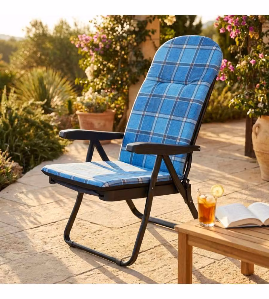 Sdraio Cosma con carrello e braccioli, blu e verde, per relax esterno in giardino, L/P/H: 155 x 60 x 60 cm