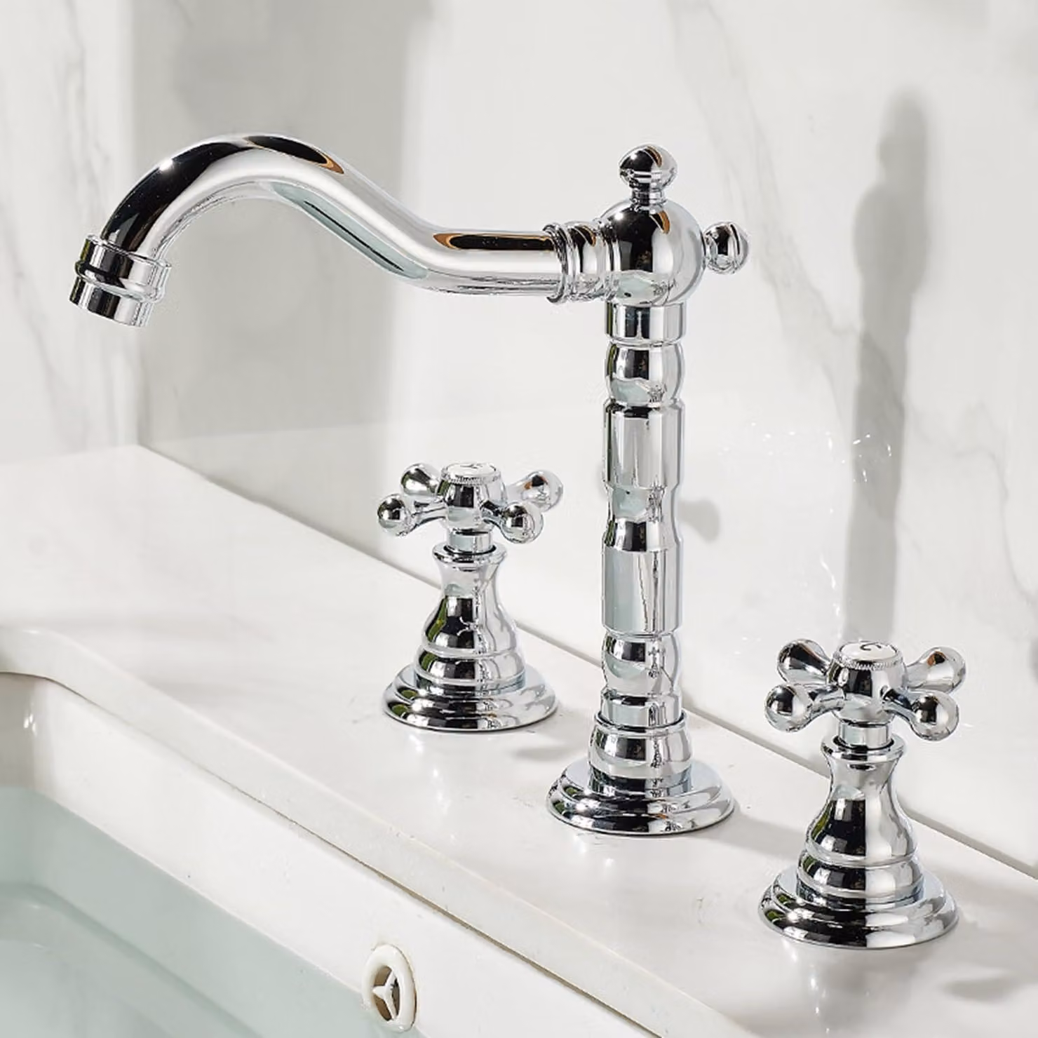 Miscelatore per lavabo a 3 fori, girevole a 360°, con 2 maniglie, in ottone cromato