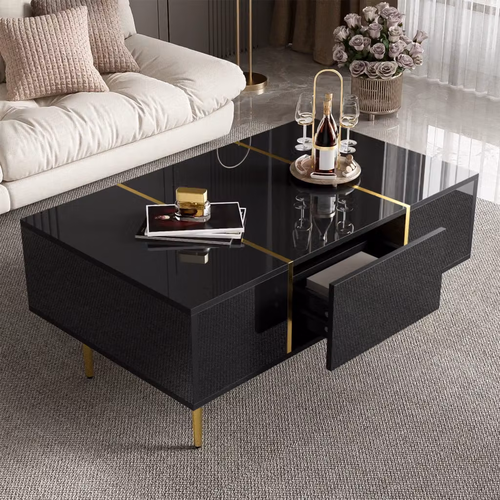 Tavolino da caffè REDOM moderno nero e oro con piano rettangolare L: 100 cm, P: 60 cm, H: 41,5 cm