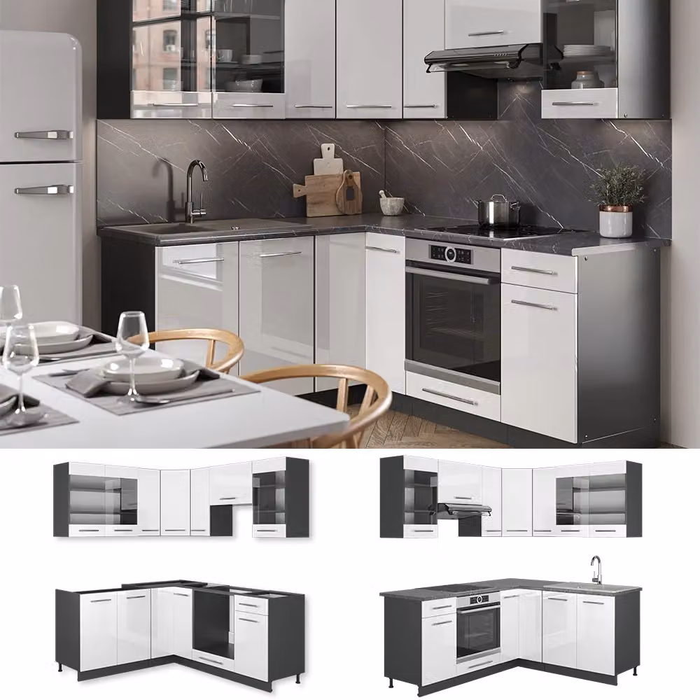 Cucina angolare moderna Vicco Fame-Line Bianco lucido e Antracite senza piano di lavoro – 2