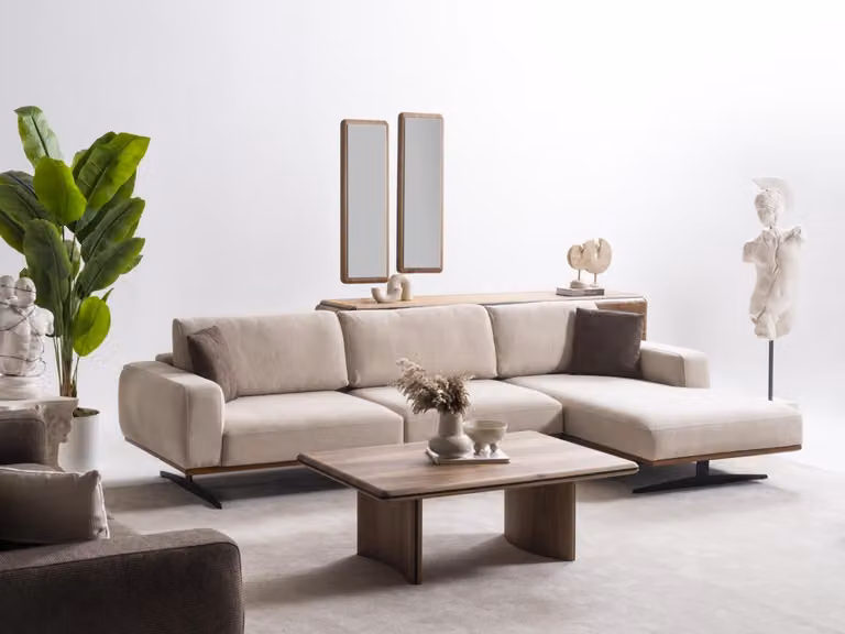 Elegantes beiges L-Form Ecksofa aus Textil für modernes Wohnzimmer