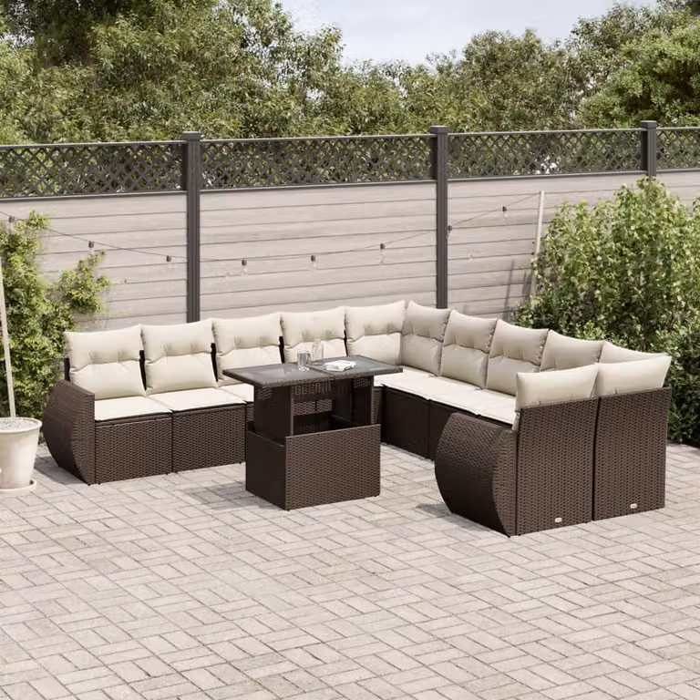 vidaXL Set Divani da Giardino 11 pz in Polyrattan Marrone e Bianco con Cuscini e Tavolino da Esterno