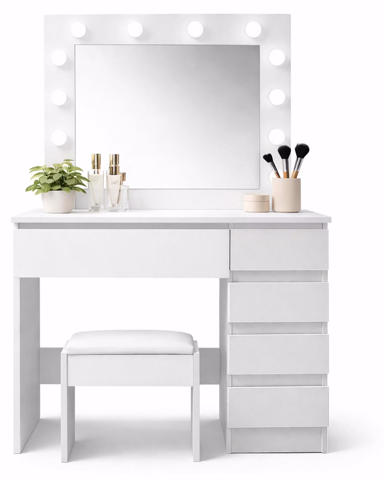 Aga Tavolo da toeletta con specchio e illuminazione + sgabello Bianco opaco