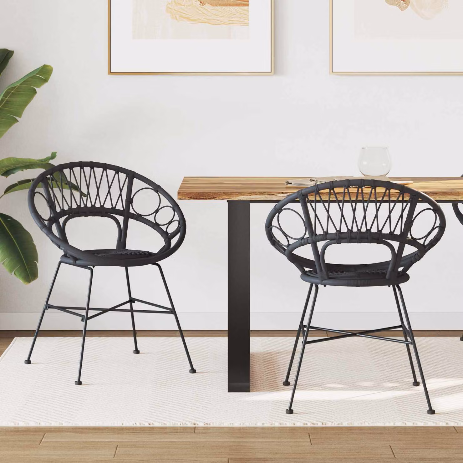 Set di 2 sedie da pranzo vidaXL in rattan e metallo nero opaco L 54 cm x P 65 cm x H 82 cm – 1