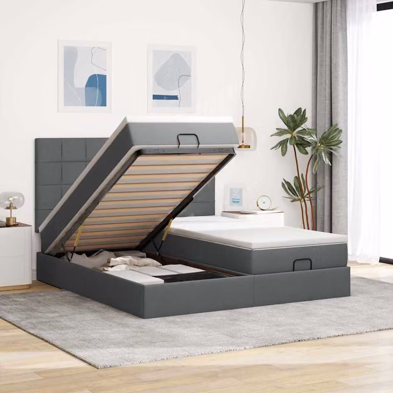 Letto con contenitore a sollevamento e materasso vidaXL in tessuto grigio e bianco, L/P/H: 203 x 200 x 128 cm
