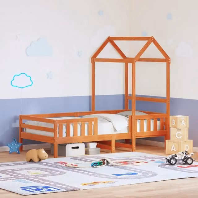 Letto a casetta vidaXL in legno massello di pino con finitura cerata marrone per bambini L: 200 cm, P: 80 cm, H: 105,5 cm