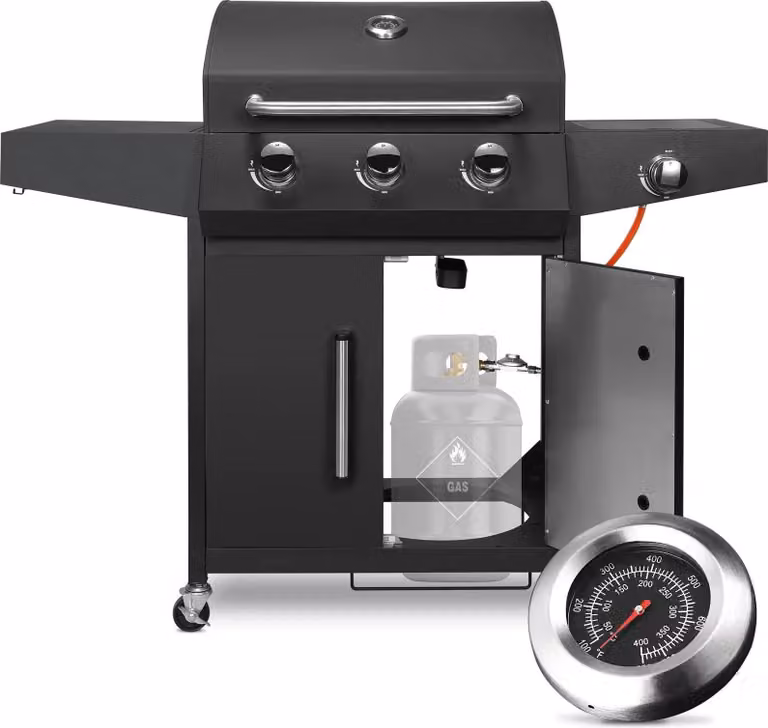 Barbecue a gas, 3+1 bruciatori, struttura in acciaio inox, nero