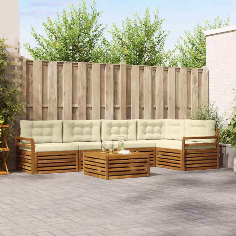 Set di divani da esterno vidaXL 6 pz in legno di acacia con tavolo da caffè e cuscini, colore beige, bianco e marrone