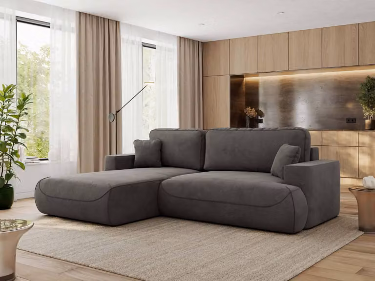 MKS MEBLE divano angolare OVO con funzione letto e box letto, velluto grigio scuro, divano a L, divano angolare a 4 posti, 271x195x95 cm - lato sinistro