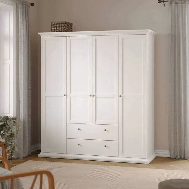 Armadio Amarena DMORA per camera da letto, cabina armadio con ante a battente e cassetti, Bianco opaco, L: 181 cm, P: 60,5 cm, H: 200,6 cm