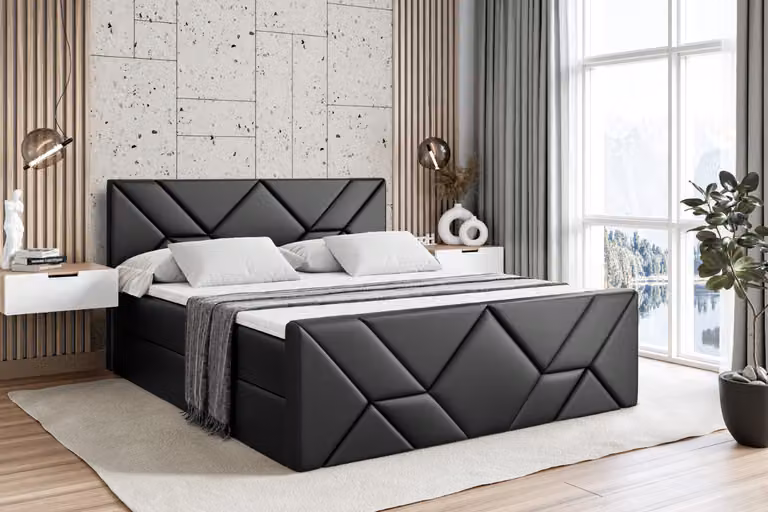 Letto boxspring ALTDECOR con pediera, materasso H3 e topper - 180x200 cm - BARWA-Z - Pelle finta nera - Letto imbottito con contenitore e rete a doghe, letto con spazio contenitivo