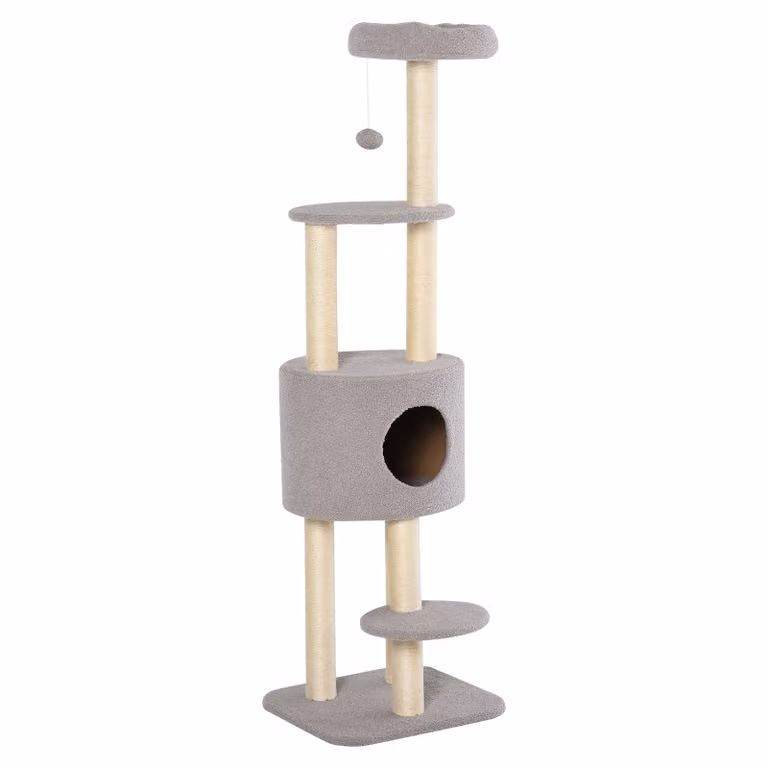 PawHut tiragraffi con tiragraffi, paletti di nicchia in peluche ad alta densità, 45 L x 40 L x 148 H cm, grigio