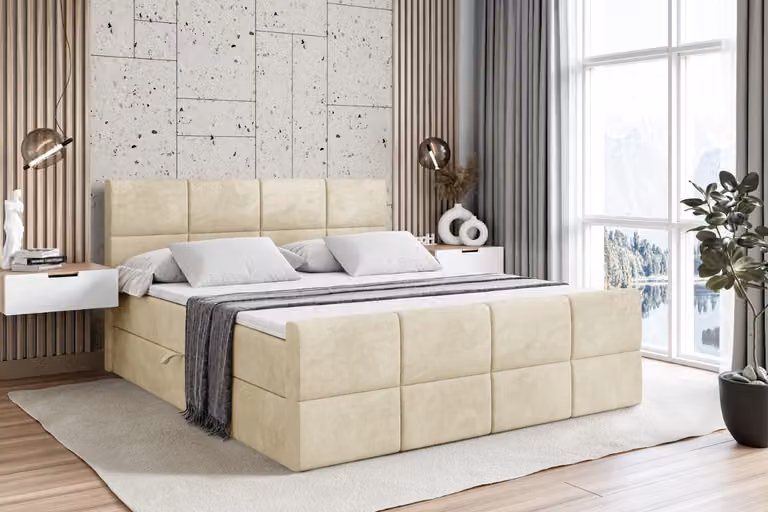 Letto boxspring ALTDECOR con pediera, materasso H4 e topper - 160x200 cm - ARDENI-Z - Velluto beige - Letto imbottito con contenitore e rete a doghe, letto con spazio contenitivo