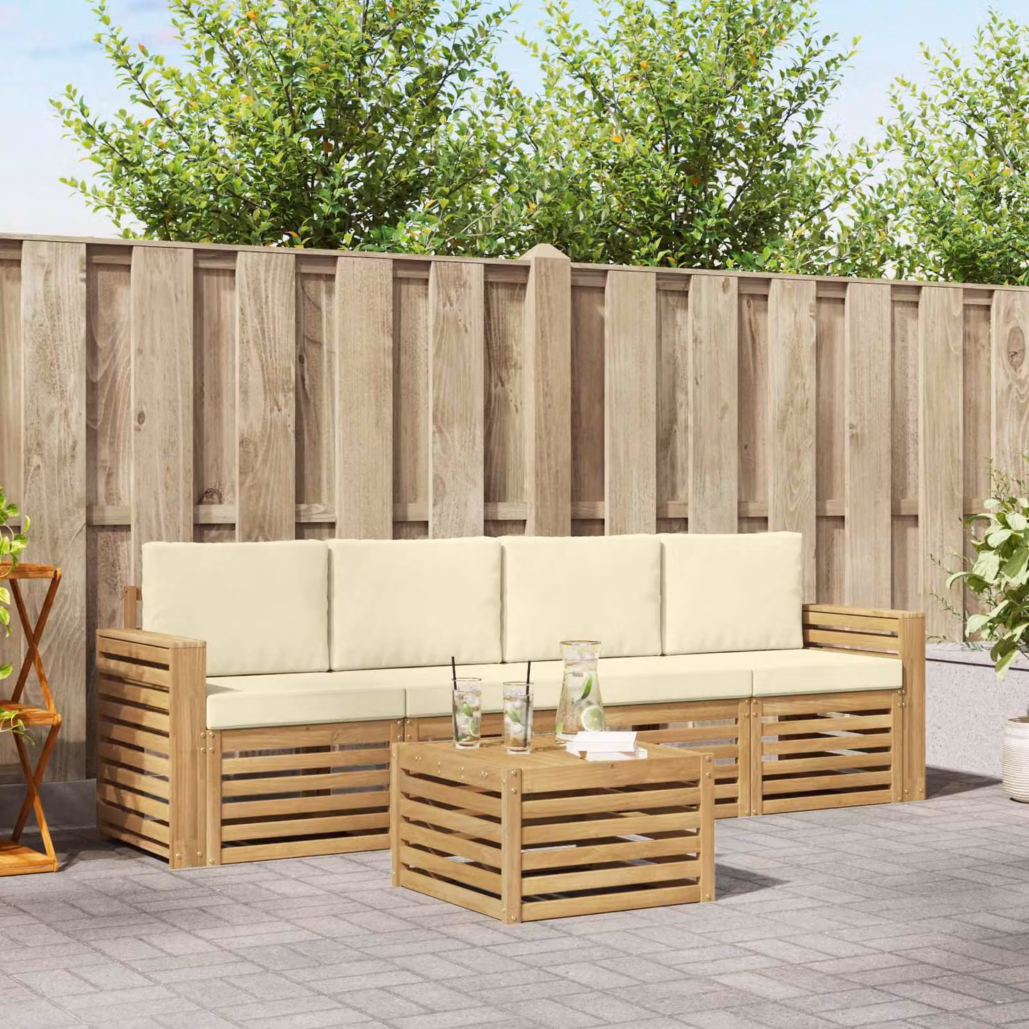 Set di divani da esterno vidaXL in legno di acacia con tavolino e cuscini, Bianco e Beige