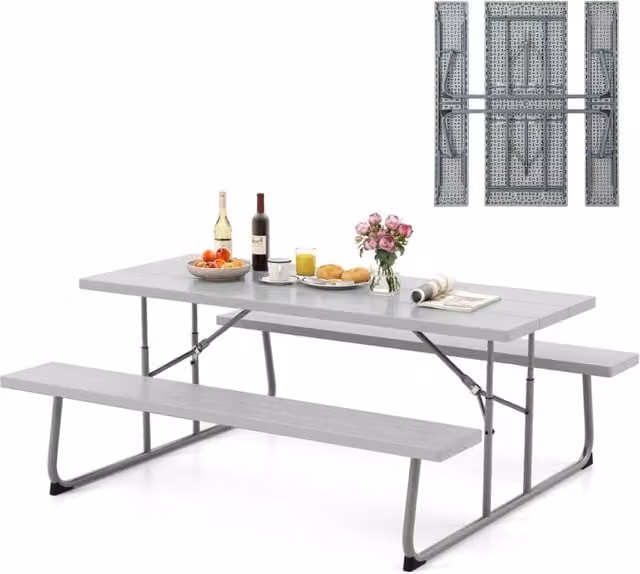 Tavolo da picnic pieghevole con 2 panche, Set di tavolo da 183cm con telaio in metallo e foro per ombrellone Grigio