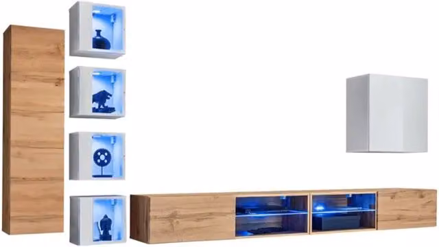 Set mobili da salotto Meublorama SWITCH XXVI in rovere e bianco con ante in vetro e illuminazione LED integrata – 1