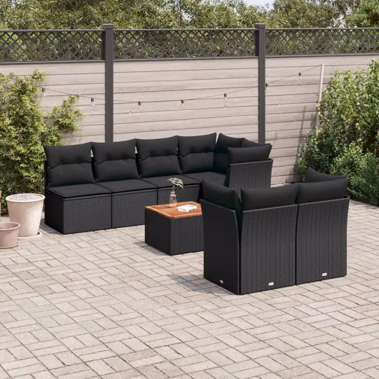 vidaXL Set Divani da Giardino a L con Cuscini 8 pz Nero in Polyrattan e Tavolino da Esterno