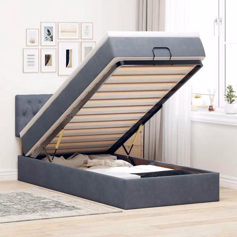 Letto con contenitore a sollevamento e materasso vidaXL in velluto con illuminazione sottostante e porta USB, L/P/H: 203 x 90 x 88 cm, Grigio e Bianco