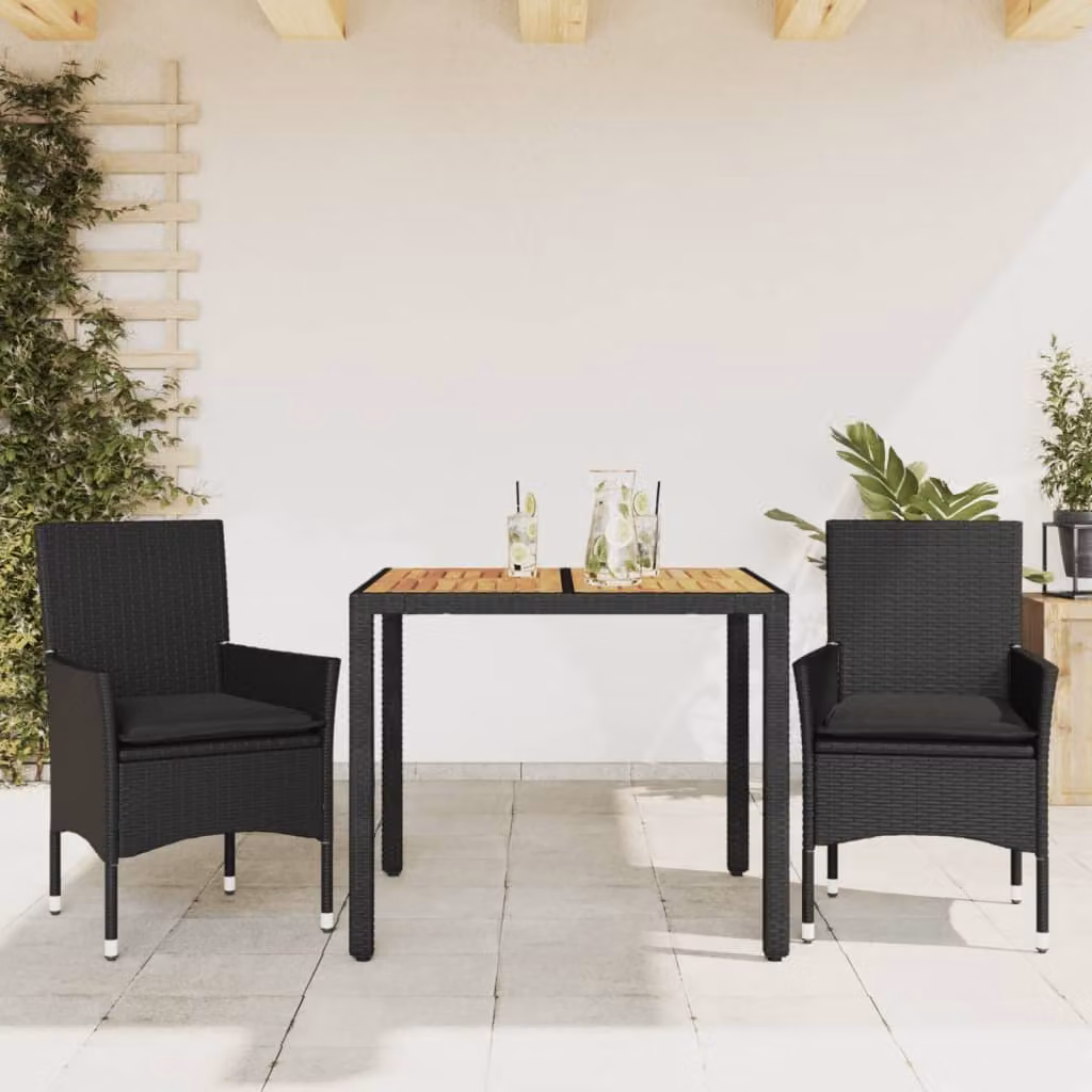 Set Pranzo da Giardino vidaXL in Polyrattan e Legno di Acacia Nero con 3 Pezzi e Cuscini