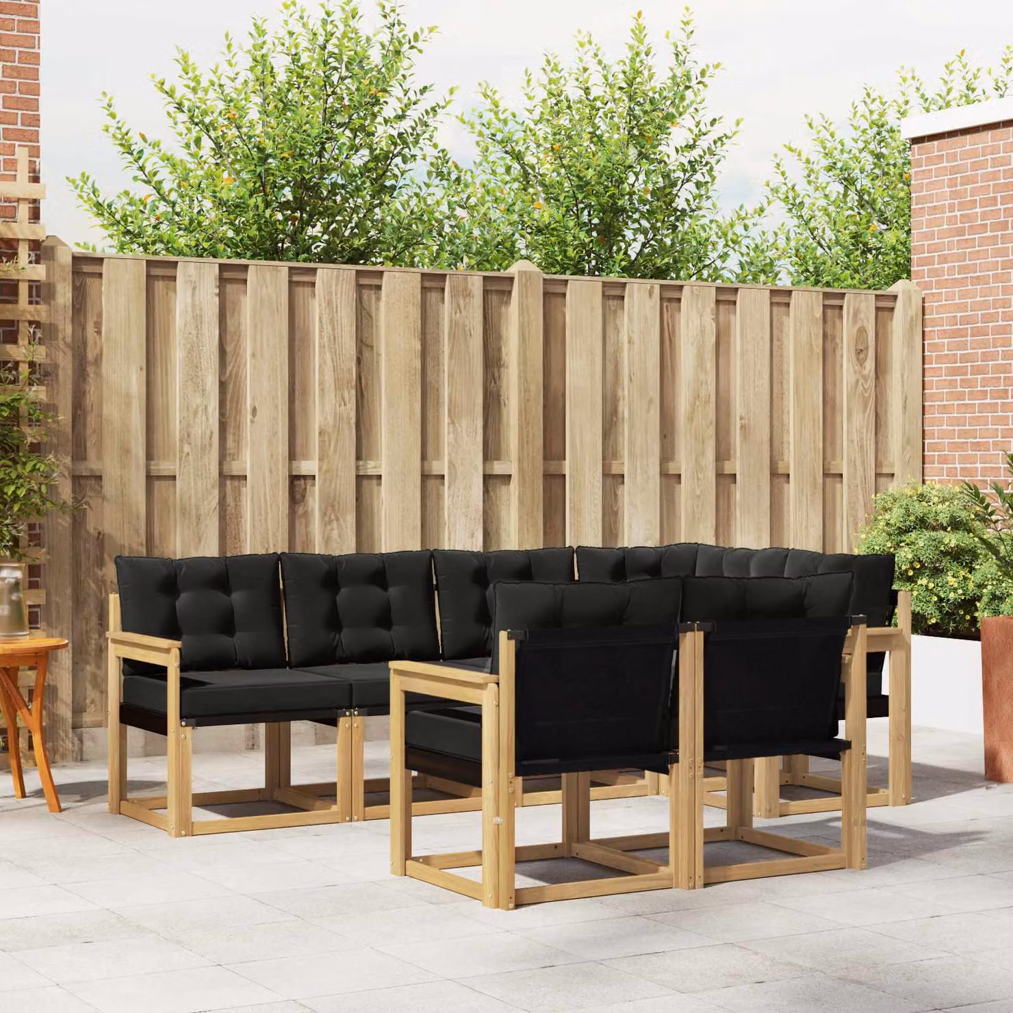 Set di divani da esterno vidaXL a forma di L in legno di acacia con cuscini, Bianco, Nero e Marrone