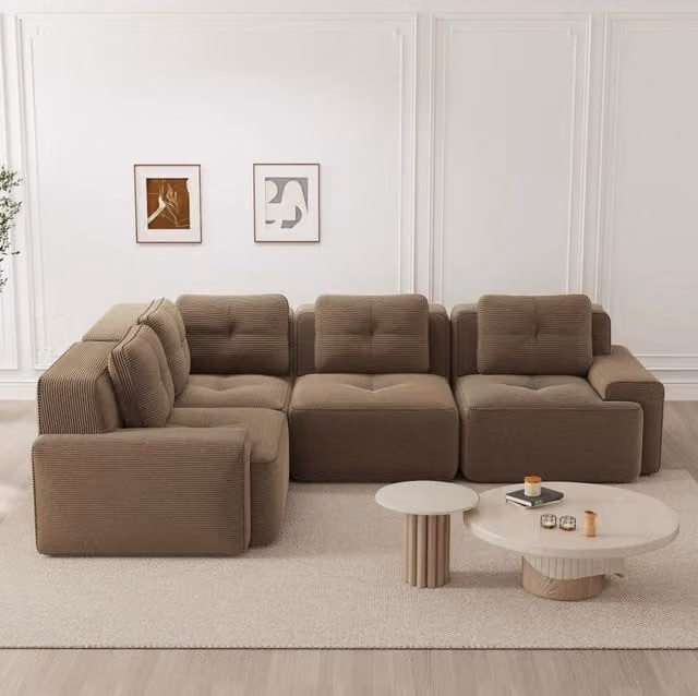 Divano angolare modulare in corduroy; 295x206x69 cm; marrone