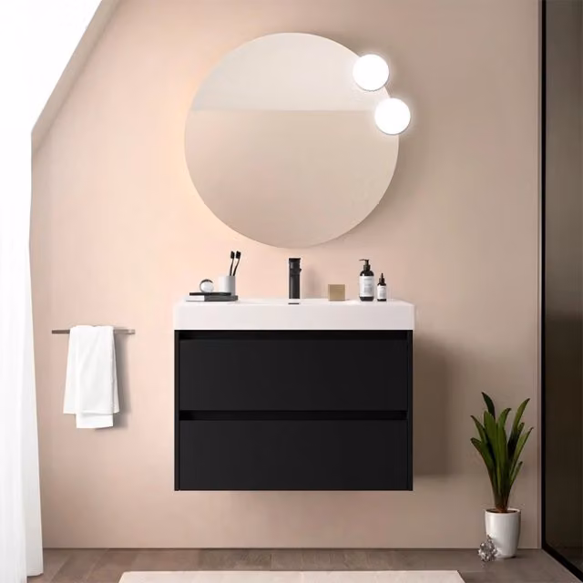 Mobile bagno sospeso 80 cm nero satinato con due cassetti e lavabo in resina Gaya
