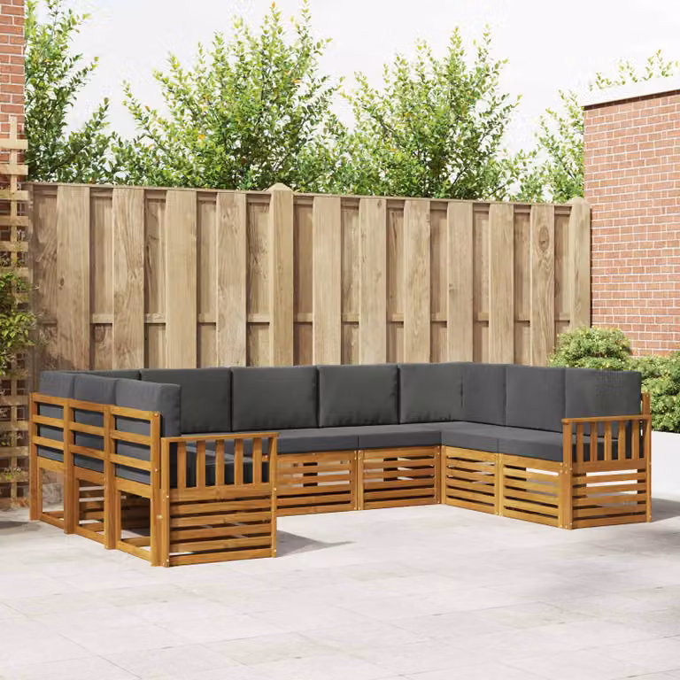 Set di divani da esterno vidaXL a forma di L in legno di acacia con cuscini, 9 pezzi, Beige e Antracite