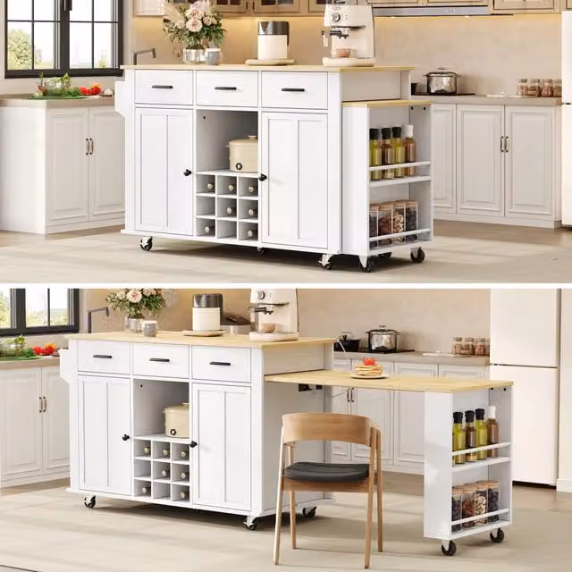 Isola da Cucina Allungabile ¨C Minimal ¨C Bianco Effetto Rovere, 136(223)x50x93cm, 3 Cassetti, 7 Rotelle, Prese USB