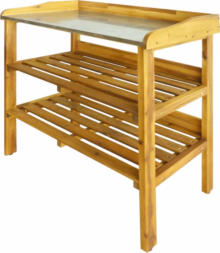 The Living Store Tavolo per piante con 2 ripiani Legno massiccio di acacia e zinco