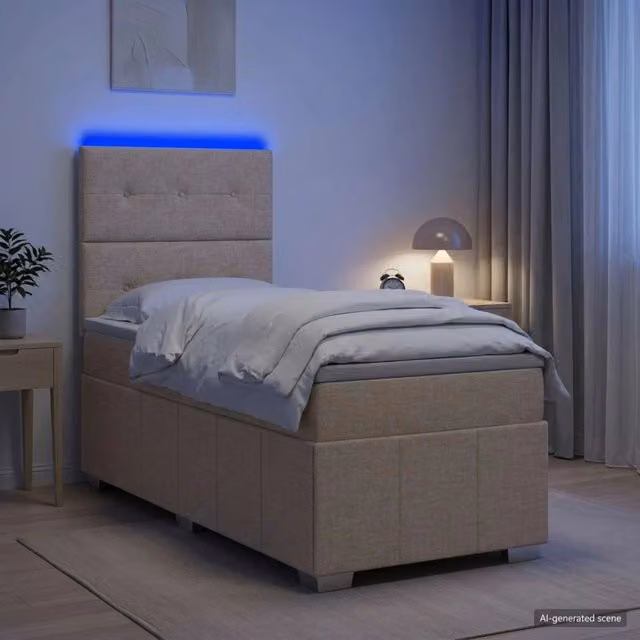 Letto Box Spring vidaXL con Materasso a Molle Pocket e Illuminazione LED, Colore Beige, L/P: 90 x 200 cm
