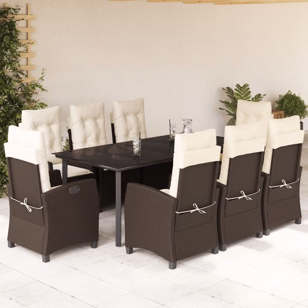 Set da pranzo da giardino vidaXL in polyrattan marrone con 9 pezzi e cuscini – 1