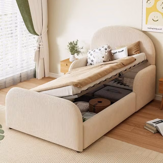 Letto imbottito per bambini ¨C Minimal ¨C Beige velluto 90x200cm con contenitore idraulico, testiera pediera e maniglioni di sicurezza