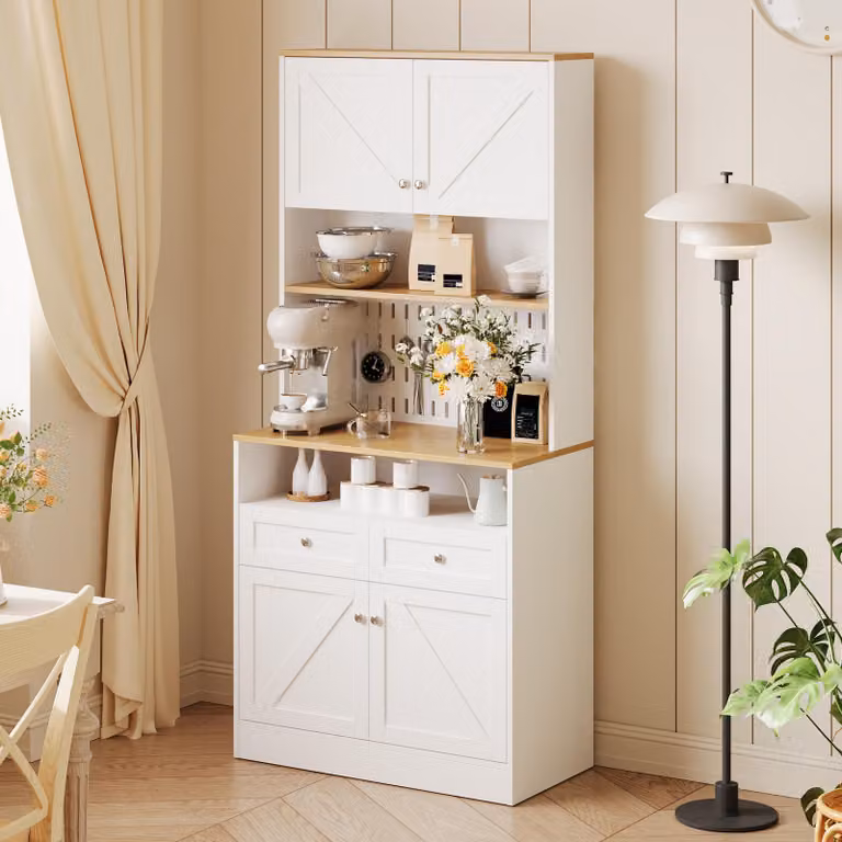 Credenza per sala da pranzo Merax con 2 cassetti e 4 ante, cassettiera con ampio spazio per riporre oggetti, buffet con ante a stalla per cucina e soggiorno, bianco