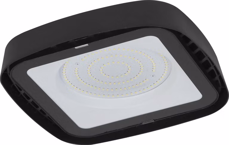Plafoniera OSRAM Highbay Ufo in nero, offre 130 W e 15000 lm in bianco luce diurna a 6500 K, con protezione IP65 contro getti d'acqua e polvere (antipolvere), ideale per soffitti alti