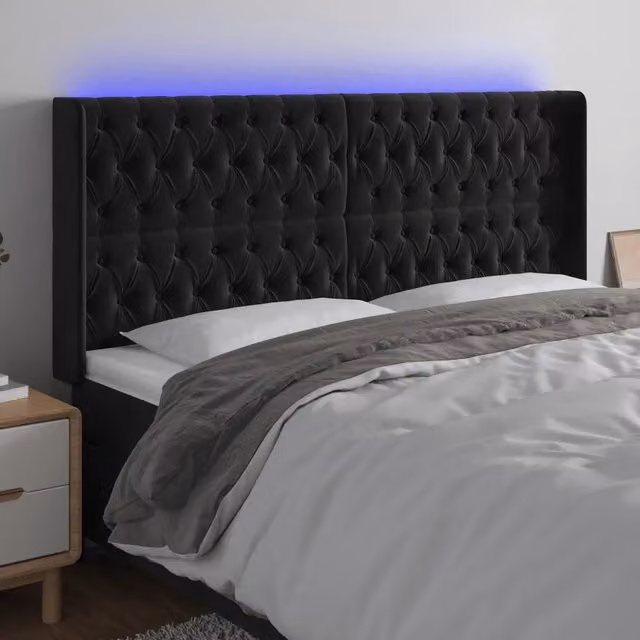 Testiera per letto vidaXL in velluto nero con illuminazione LED e porta di ricarica USB, L: 183 cm, P: 16 cm, H: 118-128 cm – 1