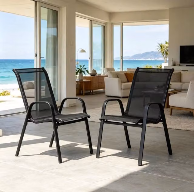 Set 2 sedie da giardino 55x92x65 cm grigio scuro in metallo, impilabili