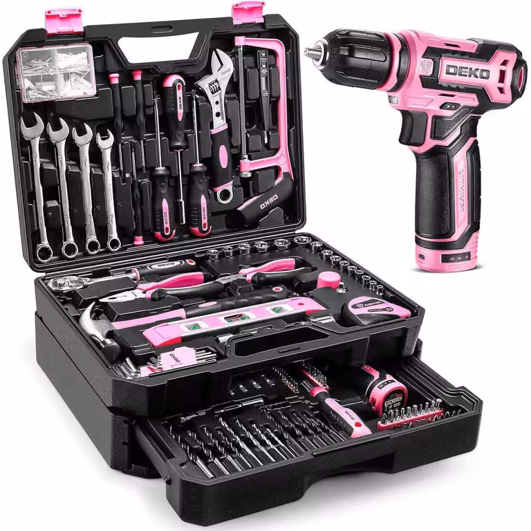 Set di utensili elettrici a batteria da 12 V, colore rosa, 238 pezzi, completo di batteria e custodia per utensili